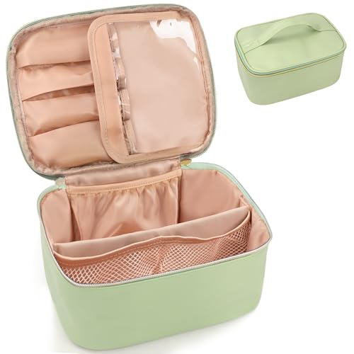ZIOSINM Reise Kosmetiktasche Damen Groß Für Handtasche, 25 x 17 x 12 cm Make Up Tasche Bag Organizer Mit Fächern Und Bürstenfach Kulturtasche PU Leder Schminktasche, Portable Wasserdicht (Grün) von ZIOSINM