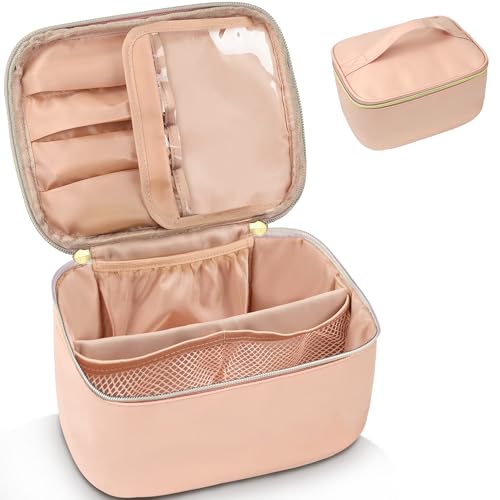 ZIOSINM Reise Kosmetiktasche Damen Groß Für Handtasche, 25 x 17 x 12 cm Make Up Tasche Bag Organizer Mit Fächern Und Bürstenfach Kulturtasche PU Leder Schminktasche, Portable Wasserdicht (Rosa) von ZIOSINM