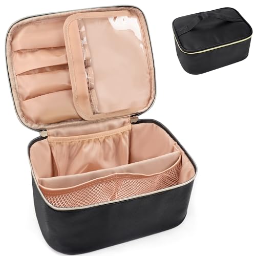 ZIOSINM Reise Kosmetiktasche Damen Groß Für Handtasche, 25 x 17 x 12 cm Make Up Tasche Bag Organizer Mit Fächern Und Bürstenfach Kulturtasche PU Leder Schminktasche, Portable Wasserdicht (Schwarz) von ZIOSINM