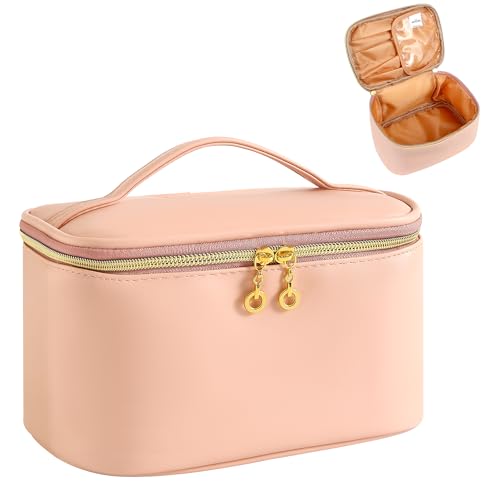 ZIOSINM Reise Kosmetiktasche Damen Für Handtasche, 22 x 15 x 12 cm Make Up Tasche Organizer Mit Bürstenfach Kulturtasche Damen PU Leder Schminktasche, Portable Wasserdicht Kulturbeutel (Rosa) von ZIOSINM