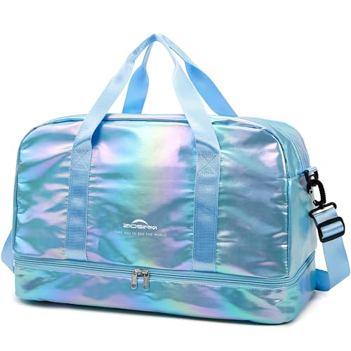 ZIOSINM Sporttasche Damen 40L Kleine Reisetasche Weekender, Glitzer Sporttasche mit Schuhfach und Nassfach, Saunatasche Schwimmtasche Trainingstasche Fitnesstasche Gym Travel Bag (Azurblau) von ZIOSINM