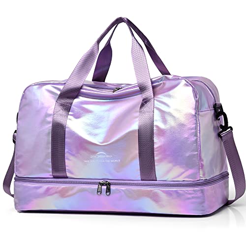 ZIOSINM Sporttasche Damen 40L Kleine Reisetasche Weekender, Glitzer Sporttasche mit Schuhfach und Nassfach, Saunatasche Schwimmtasche Trainingstasche Fitnesstasche Gym Travel Bag (Lila) von ZIOSINM