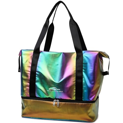 ZIOSINM Reisetasche Damen Sporttasche Reisetasche Handgepäck Tasche, 36L Klein Weekender Damen mit Schuhfach & Nassfach, Schwimmtasche Trainingstasche Saunatasche Fitnesstasche (Regenbogenfarben) von ZIOSINM