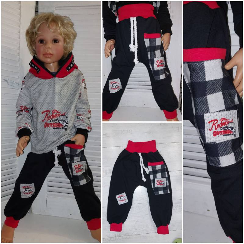Baggypant Hose Schwarz Rot Gr.88-140 Handmade Zipfelzauber Cool Kariert Pumphose Kinder Jungs Mädchen Baggy Jogger von ZIPFELZAUBER
