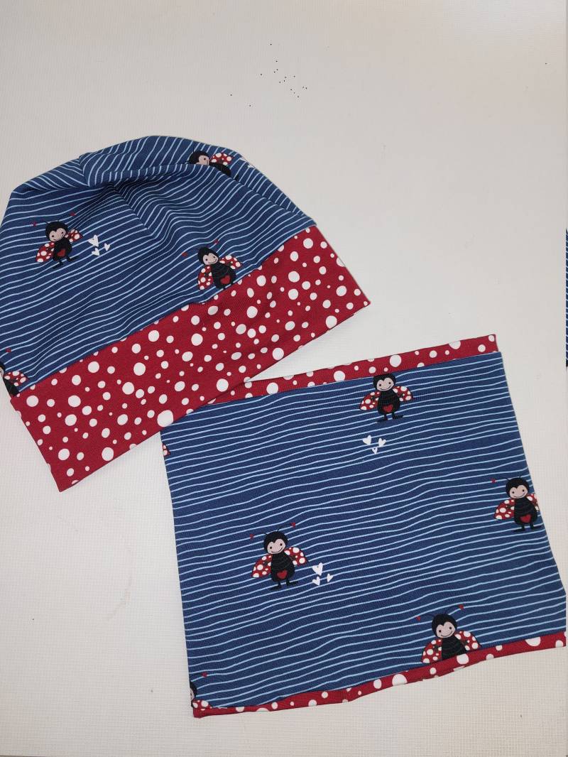 Beanie/Loop Set Mütze Frühjahr Sommer Herbst Baumwolljersey /Frenchterry Handmade Zipfelzauber Beanie Käfer Blau Rot Kinder Jungen Mädchen von ZIPFELZAUBER