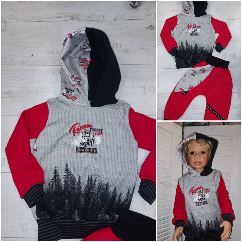 Hoodie Schwarz Rot Kinder Gr.80-140 Zipfelzauber Sweat Shirt Sweatshirt Jungen Mädchen Handmade Strickoptik Wood Bäume von ZIPFELZAUBER