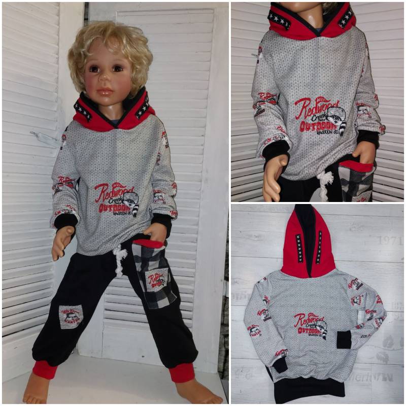 Hoodie Schwarz Rot Kinder Gr.80-140 Zipfelzauber Sweat Shirt Sweatshirt Jungen Mädchen Handmade Strickoptik von ZIPFELZAUBER