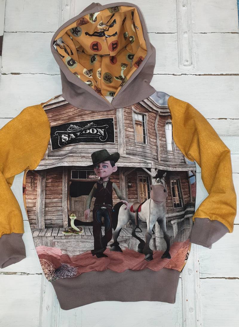 Hoodie Wilder Westen Cowboy Gr.86-128 Handmade Zipfelzauber Kapuze Outfit Kinder Jungs Mädchen Jungen Sweat Hoody Lässig Kinder Senf Taupe von ZIPFELZAUBER