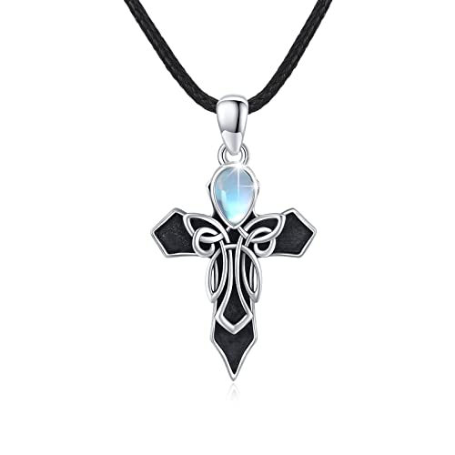 ZIPPICE Kreuz Kette für Damen Keltisches Kreuz Halskette 925 Sterling Silber Keltisches Mondstein Kreuz Anhänger Christian Jesus Halskette Vintage Schmuck für Frauen Herren Männer (Mondstein) von ZIPPICE