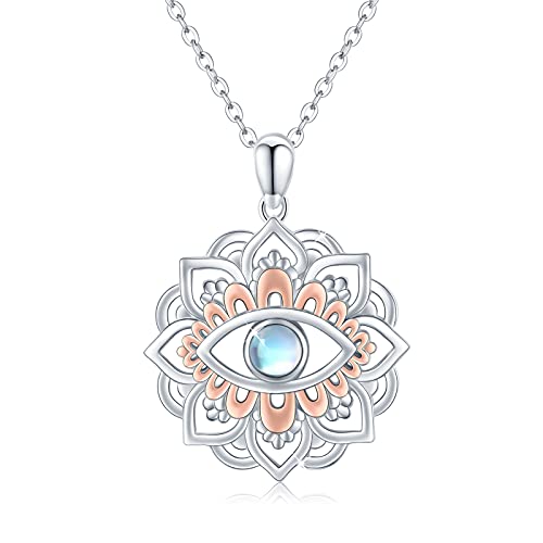 ZIPPICE Lotus Blume Halskette Sterling Silber Blume Yoga Ohrstecker Regenbogen Mondstein Halskette Buddha Lotus Anhänger Schmuck für Frauen Yoga Liebhaber (Roségold) von ZIPPICE