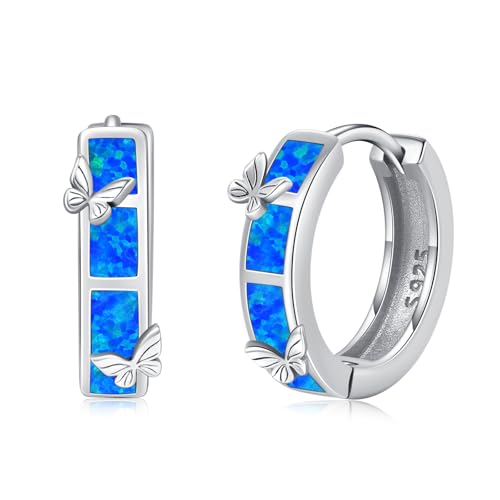 ZIPPICE Blau Opal Ohrringe 925 Sterling Silber Schmetterling Creolen Klein Schmuck Geschenke für Damen Frauen Ehefrau Mädchen von ZIPPICE