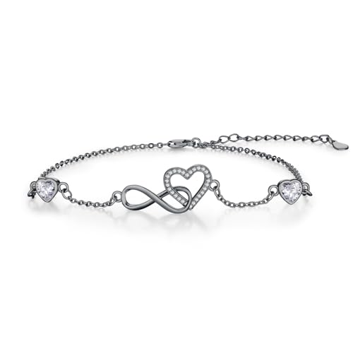 ZIPPICE Fußkettchen Silber 925 für Damen Unendlichkeit Herz Fußkette Fußkettchen Sommer Strand Schmuck Geschenk für Damen Verstellbare Fußkette 9+2 Zoll(Schwarz) von ZIPPICE