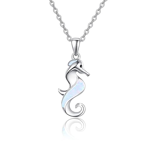 ZIPPICE Halskette Damen 925 Sterling Silber Weiß Opal Seepferdchen Halskette Seepferdchen Kette Damen Opal Anhänger Ozean Tier Anhänger Schmuck Geschenk für Frauen Mädchen Mama Frau Freunde von ZIPPICE