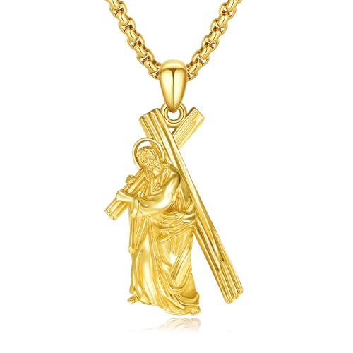 ZIPPICE Jesus Kreuz Halskette 925 Sterling Silber Crucifix Anhänger Jesus Kreuz Kette Amulett Halskette Schmuck Geschenk für Damen Herren Frauen Männer with 2.5mm 22"+2" Edelstahl Kette(gold) von ZIPPICE