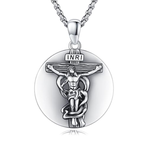 ZIPPICE Jesus Kreuz Halskette 925 Sterling Silber Crucifix Anhänger Jesus Kreuz Kette Amulett Halskette Schmuck Geschenk für Damen Herren Frauen Männer with 2.5mm 22"+2" Edelstahl Kette von ZIPPICE