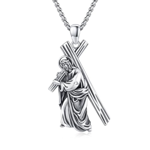 ZIPPICE Jesus Kreuz Halskette 925 Sterling Silber Crucifix Anhänger Jesus Kreuz Kette Amulett Halskette Schmuck Geschenk für Damen Herren Frauen Männer with 2.5mm 22"+2" Edelstahl Kette von ZIPPICE