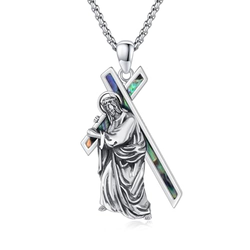 ZIPPICE Jesus Kreuz Halskette 925 Sterling Silber Crucifix Anhänger Jesus Kreuz Kette Amulett Halskette Schmuck Geschenk für Damen Herren with 2.5mm 22"+2" Edelstahl Kette (Abalone Muschel) von ZIPPICE