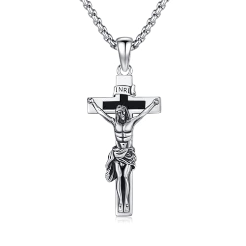 ZIPPICE Kreuz Kette 925 Sterling Silber Kruzifix Kette Herren Kreuzkette Jesus Anhänger Halskette Amulett Halskette Schmuck Geschenk für Damen Herren Frauen Männer with 2.5mm 22"+2" Edelstahl Kette von ZIPPICE