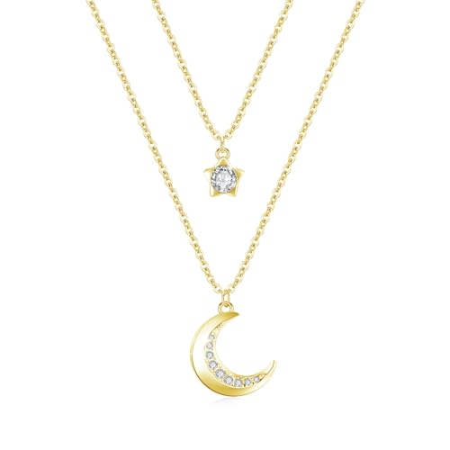 ZIPPICE Kette Damen 925 Sterling Silber Mond und Sterne Kette Geschichteten Choker Halskette Layered Halskette Halskette Damen Schmuck Geschenke für Frauen Mädchen Mama Frau Freunde von ZIPPICE