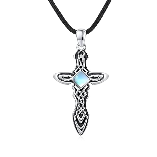 ZIPPICE Kreuz Halskette 925 Sterling Silber Wikinger Keltischer Knoten Kette Keltisches Kreuz Halskette Mondstein Halskette Retro Halskette Schmuck Geschenk für Herren Damen von ZIPPICE