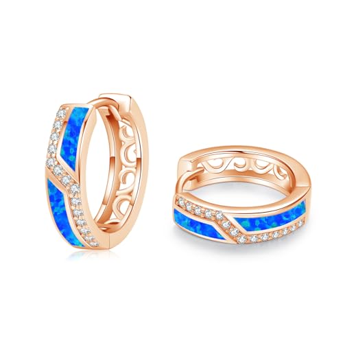 ZIPPICE Opal Ohrringe Damen 925 Sterling Silber Ohrringe Creolen Blau Opal Creolen Creolen Klein Roségold Ohrringe Zirkon Ohrringe Opal Schmuck Geschenke für Damen Frauen Ehefrau Mädchen 15mm von ZIPPICE