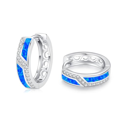 ZIPPICE Blau Opal Ohrringe Damen 925 Sterling Silber Creolen Klein Opal Schmuck Geschenke für Frauen Ehefrau Mädchen von ZIPPICE