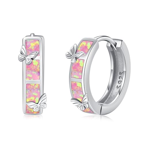 ZIPPICE Rosa Opal Ohrringe 925 Sterling Silber Schmetterling Creolen Klein Schmuck Geschenke für Damen Frauen Ehefrau Mädchen von ZIPPICE