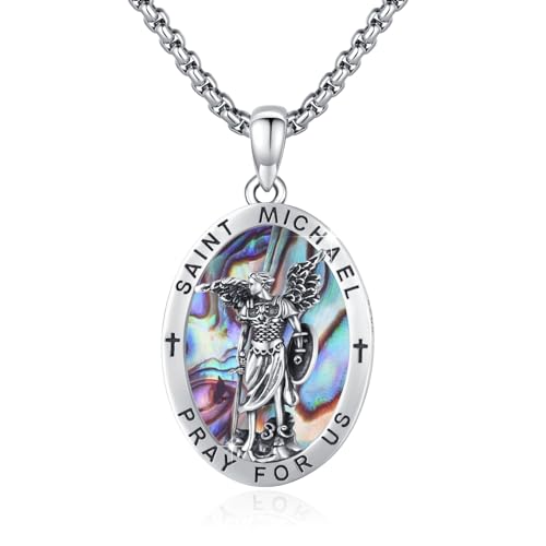 ZIPPICE Saint Michael Halskette 925 Sterling Silber Erzengel Michael Anhänger Abalone Schale Halskette Heiliger Michael Kette Amulett Halskette Schmuck für Herren und Damen von ZIPPICE