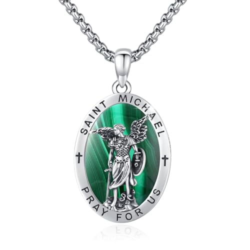 ZIPPICE Saint Michael Halskette 925 Sterling Silber Erzengel Michael Anhänger Malachit Halskette Heiliger Michael Malachit Kette Amulett Halskette Malachit Schmuck für Herren und Damen von ZIPPICE