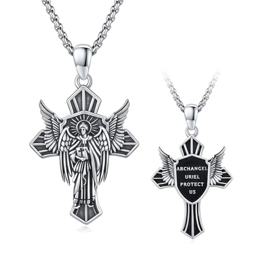 ZIPPICE Saint Uriel Halskette 925 Sterling Silber Kreuzkette Erzengel Uriel Anhänger Uriel Schild Halskette Amulett Halskette Halskette Herren Schmuck für Männer und Frauen 20 "+ 2" Edelstahl Kette von ZIPPICE