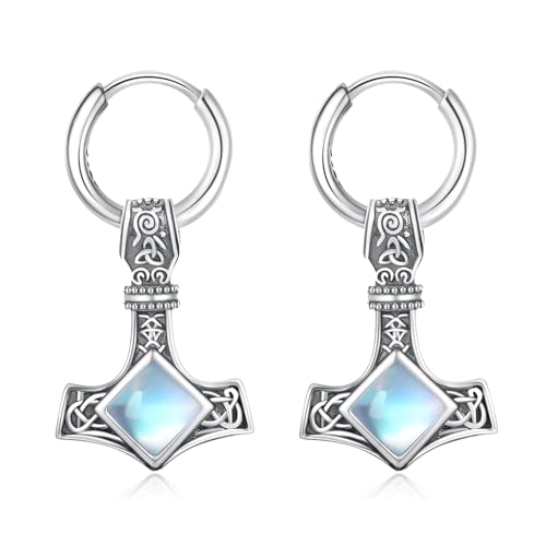 ZIPPICE Thors Hammer Creolen 925 Sterling Silber Wikinger Ohrringe Mjölnir Herren Keltisches Hängend Mondstein Ohrringe Schmuck Geschenk für Sohn Damen Männer Teenager von ZIPPICE