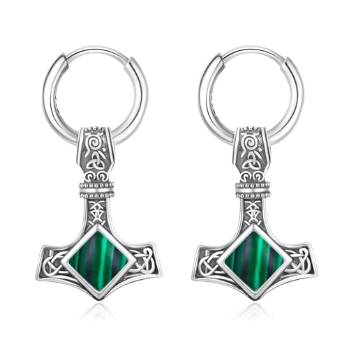 ZIPPICE Thors Hammer Creolen 925 Sterling Silber Wikinger Ohrringe Mjölnir Herren Keltisches Hängend Ohrringe Malachit Schmuck Geschenk für Sohn Damen Männer Teenager von ZIPPICE