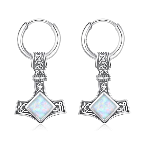 ZIPPICE Thors Hammer Creolen 925 Sterling Silber Wikinger Ohrringe Mjölnir Herren Keltisches Hängend Ohrringe Opal Schmuck Geschenk für Sohn Damen Männer Teenager von ZIPPICE