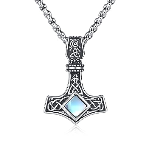 ZIPPICE Thors Hammer Kette Silber 925 Damen Thors Hammer Anhänger Halskette Wikinger Kette Herren Wikinger Schmuck Geschenk für Damen Frauen Mama Freundin Herren (Mondstein) von ZIPPICE