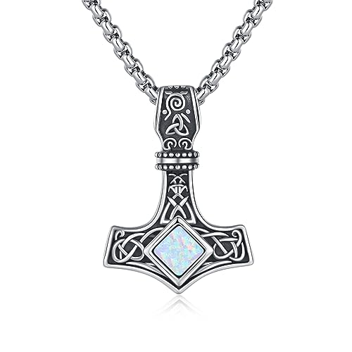 ZIPPICE Thors Hammer Halskette 925 Sterling Silber Wikinger Keltischer Knoten Mjölnir Anhänger Nordische Wikinger Halskette Unisex Schmuck Schmuck Geschenk für Damen Frauen Mama Freundin（Opal） von ZIPPICE