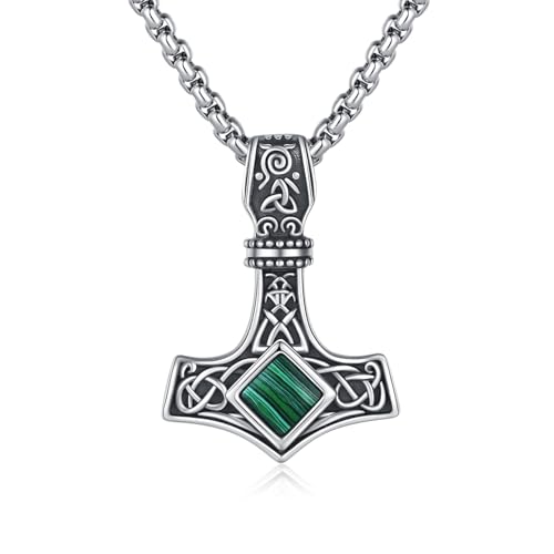 ZIPPICE Thors Hammer Halskette 925 Sterling Silber Wikinger Keltischer Knoten Mjölnir Anhänger Nordische Wikinger Halskette Unisex Schmuck Schmuck Geschenk für Damen Herren (Malachit) von ZIPPICE