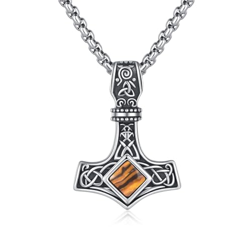 ZIPPICE Thors Hammer Kette Silber 925 Damen Thors Hammer Anhänger Halskette Wikinger Kette Herren Wikinger Schmuck Geschenk für Damen Frauen Mama Freundin Herren (Tigerauge Stein) von ZIPPICE