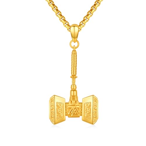 ZIPPICE Thors Hammer Halskette 925 Sterling Silber Wikinger Kette Keltisches Knoten Kette Thors Hammer Anhänger Mjölnir Halskette Wikinger Schmuck für Herren Sohn Jungen Männer (Gold) von ZIPPICE