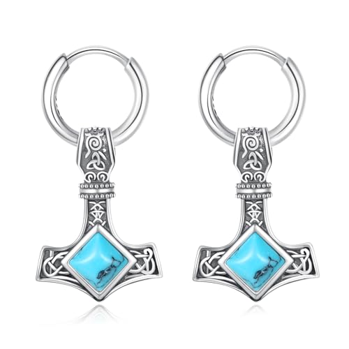 ZIPPICE Thors Hammer Türkis Creolen 925 Sterling Silber Wikinger Ohrringe Mjölnir Herren Keltisches Hängend Ohrringe Schmuck Geschenk für Sohn Damen Männer Teenager von ZIPPICE