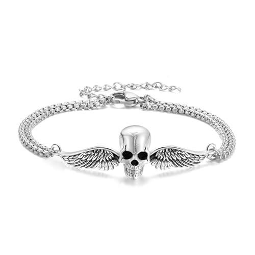 ZIPPICE Totenkopf Engelsflügel Damen Armband Silber 925 Vintage Armkette Verstellbares Armband Gothic Schmuck Geschenk für Frauen Damen with 7 "+ 2" Edelstahl Kette von ZIPPICE
