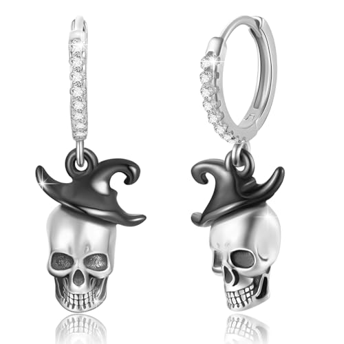 ZIPPICE Totenkopf Ohrringe 925 Sterling Silber Ohrringe Damen Silber Creolen Silber Ohrringe Halloween Ohrringe Goth Ohrringe Halloween Schmuck Geschenke für Damen Frauen Mädchen von ZIPPICE