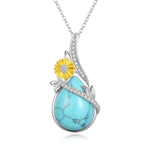 ZIPPICE Türkisfarbene Sonnenblumen Halsketten 925 Sterlingsilber zierlicher türkisfarbener Blumenanhänger Ranke türkisfarbener Schmuck Geschenk für Mutter Oma Muttertag Geburtstag Weihnachten von ZIPPICE