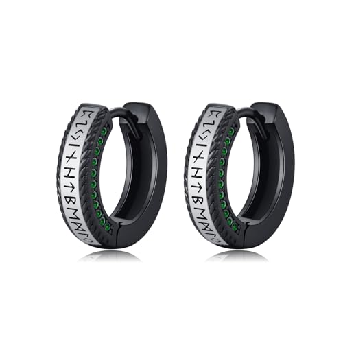 ZIPPICE Wikinger Creolen 925 Sterling Silber Wikinger Rune Schwarz Sleeper Ohrringe Unisex Creolen Wikinger Schmuck für Männer Frauen(Grün) von ZIPPICE