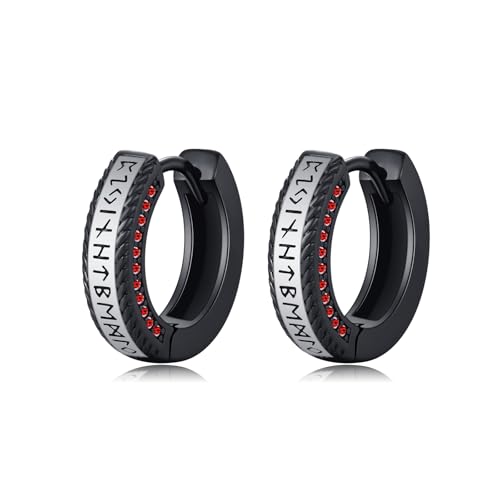 ZIPPICE Wikinger Creolen 925 Sterling Silber Wikinger Rune Schwarz Sleeper Ohrringe Unisex Creolen Wikinger Schmuck für Männer Frauen(Rot) von ZIPPICE