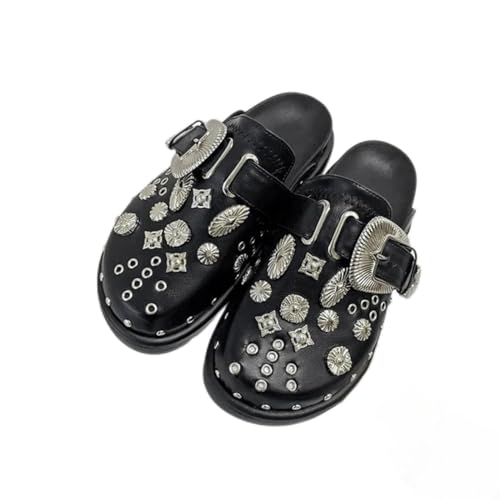 Damen-Hausschuhe, Plateau-Nieten, Punk-Rock, Leder, Pantoletten, kreative Metallbeschläge, lässige Partyschuhe, weibliche Outdoor-Slides, Schwarz, 40 EU von ZIRIA