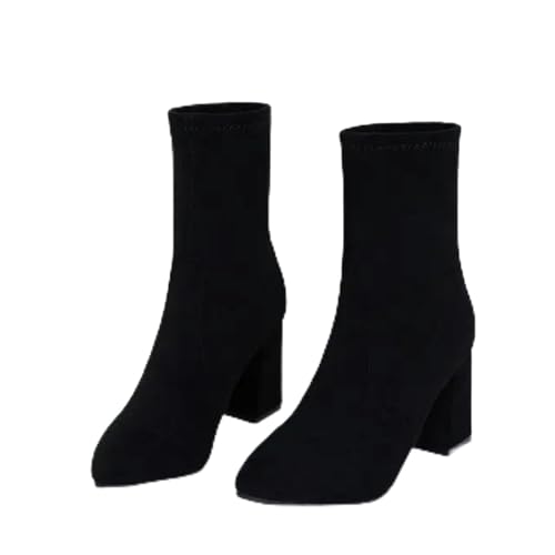 ZIRIA Dicker Absatz Stiefeletten Schwarz Braun Flock Frauen Winterschuhe Elegant High Heel Spitz Zehen Kurze Booties Damen, Schwarz , 37 EU von ZIRIA