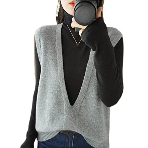 ZIRONG Weste Pullunder Damen,Ärmellose Damenweste Strickpullover/Wollmischung Grau Tiefer V-Ausschnitt Ärmelloser Pullover/Frühlingsinnenpullover Tanktops,L von ZIRONG