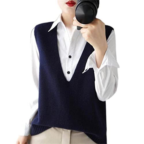 ZIRONG Weste Pullunder Damen,Ärmellose Damenweste Strickpullover/Wollmischung Marineblau Tiefer V-Ausschnitt Ärmelloser Pullover/Frühlingsinnenpullover Tanktops,L von ZIRONG