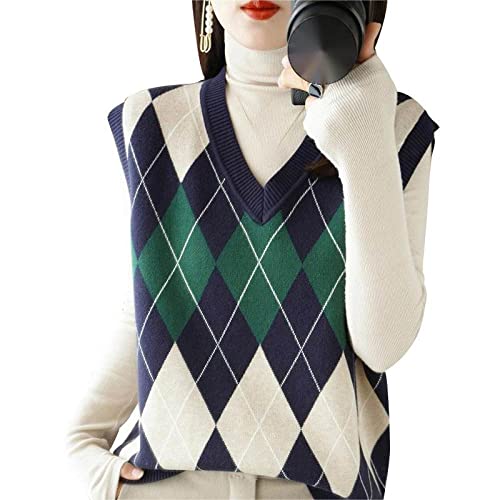 ZIRONG Weste Pullunder Damen,Ärmelloser Pullover Mit Argyle-Print Aus Wollmischung Für Damen/Frühlings-Pulloverwesten/Lockere Tanktops Mit V-Ausschnitt,M von ZIRONG