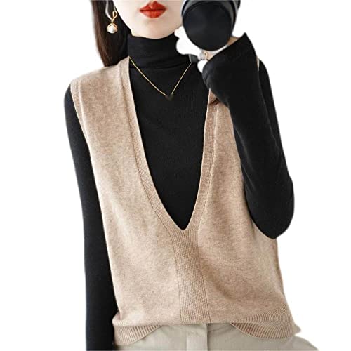 ZIRONG Weste Pullunder Damen,Frühling Ärmelloser Pullover Mit Tiefem V-Ausschnitt/Wollmischung Camel-Innenpullover Tanktops/Ärmellose Weste Strickpullover Für Damen,L von ZIRONG